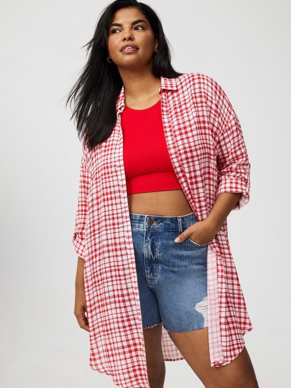 torrid Red Check Gauze Open Front Shirt Tunic